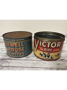 Lot Of 2 Vintage Maxwell House Coffee Victor Ripe Tin Can Antique Cans